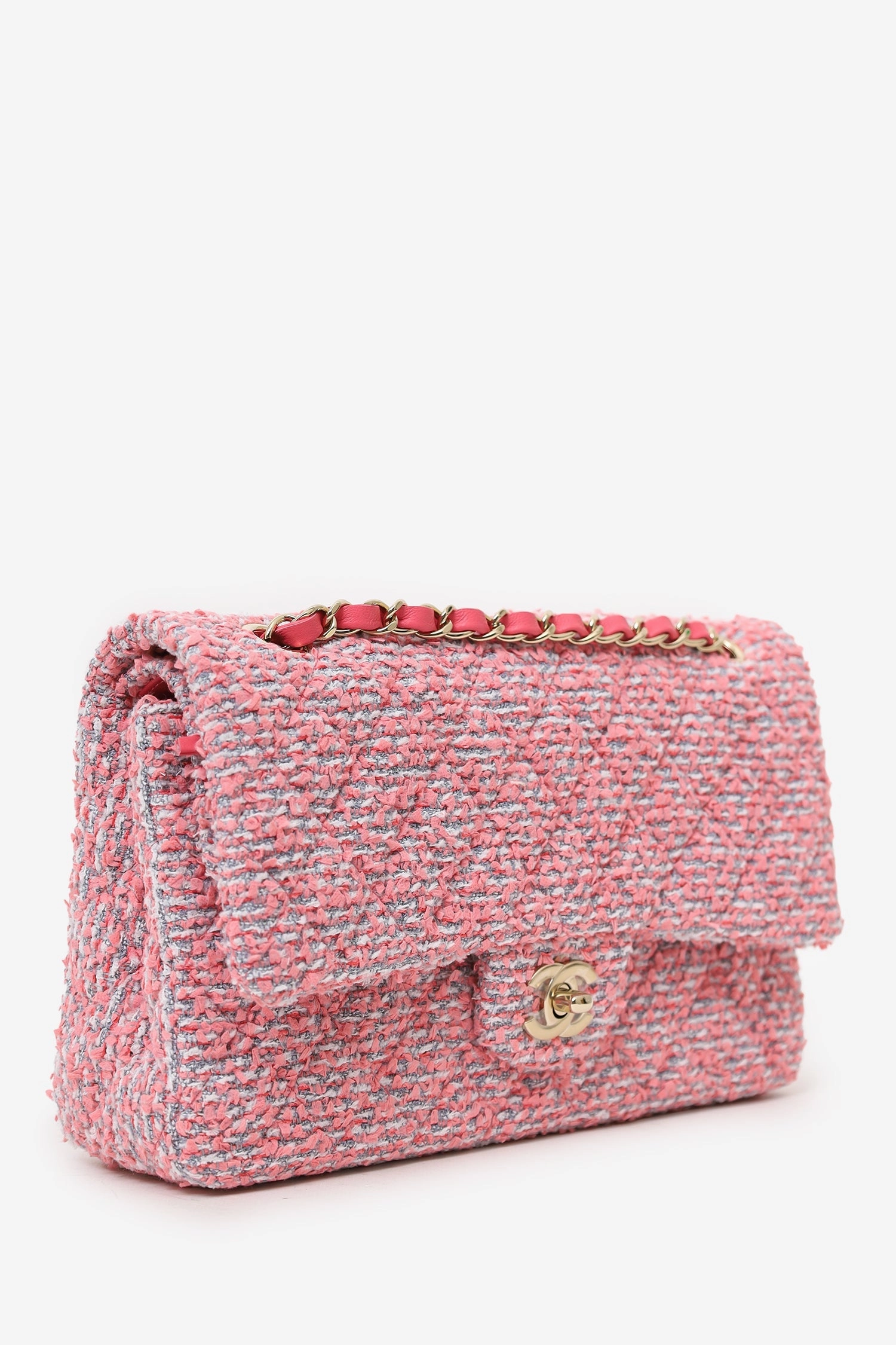 Pre-Loved Chanel 2021 Pink Tweed Medium Flap Shoulder Bag