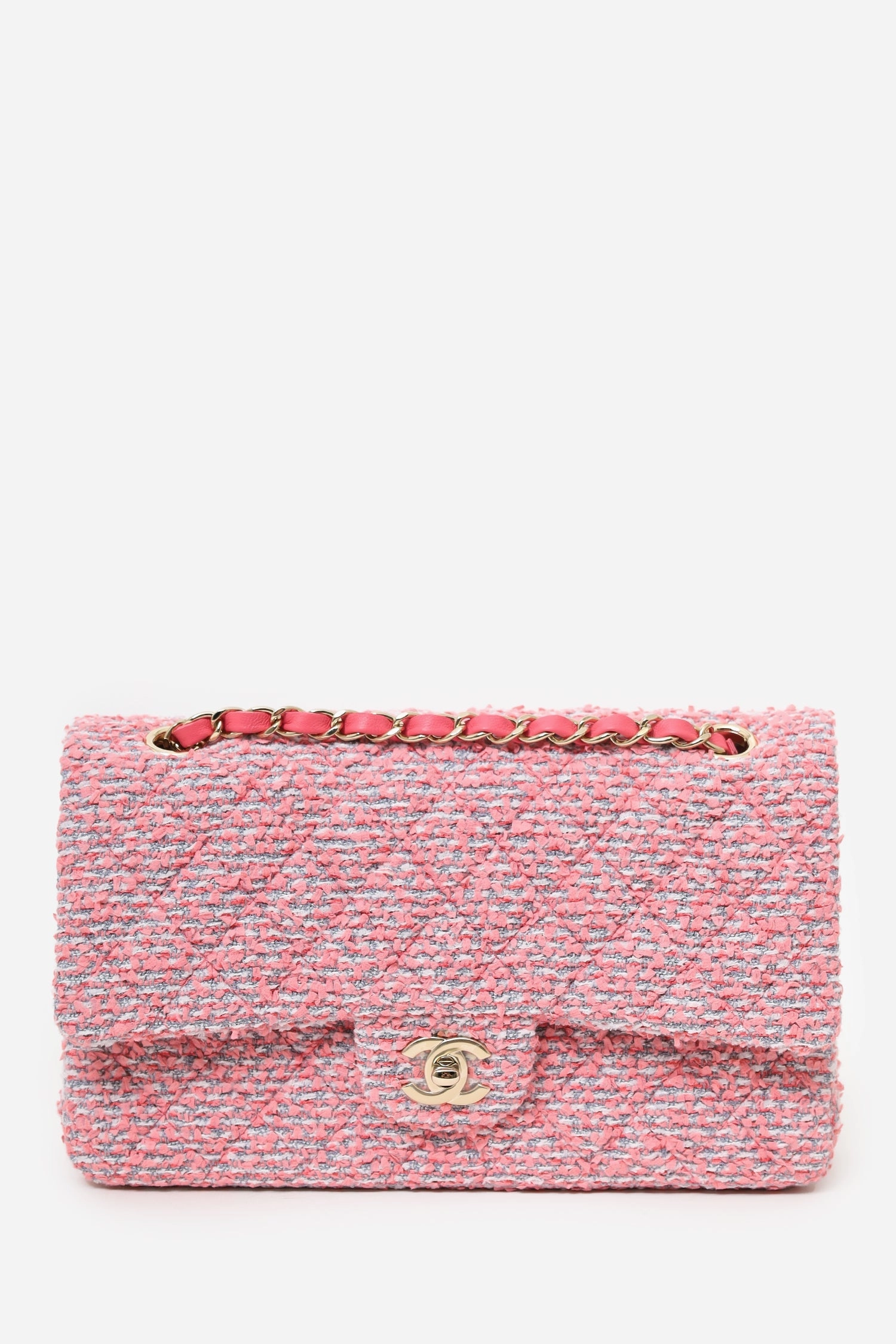 Pre-Loved Chanel 2021 Pink Tweed Medium Flap Shoulder Bag
