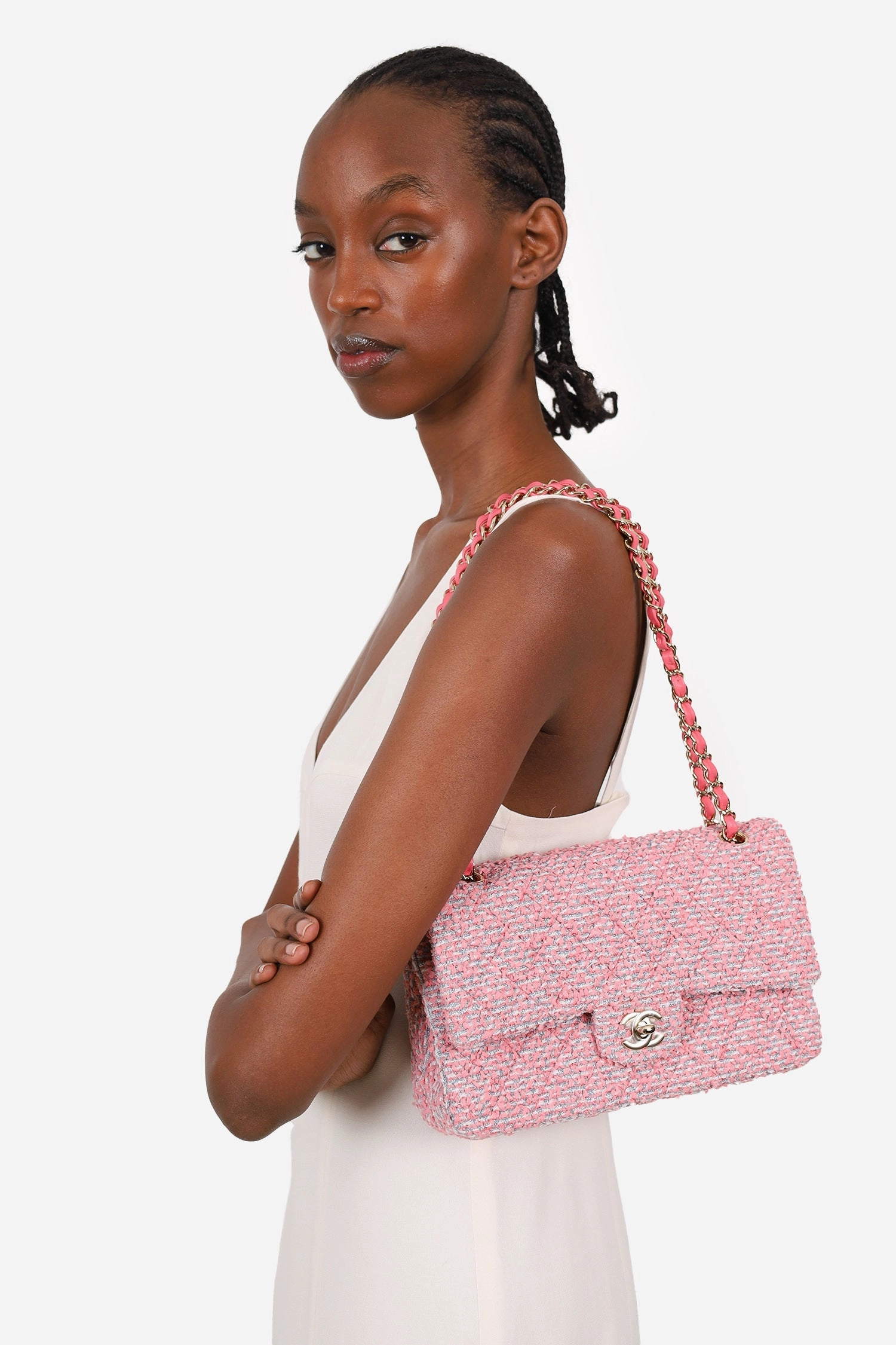 Pre-Loved Chanel 2021 Pink Tweed Medium Flap Shoulder Bag