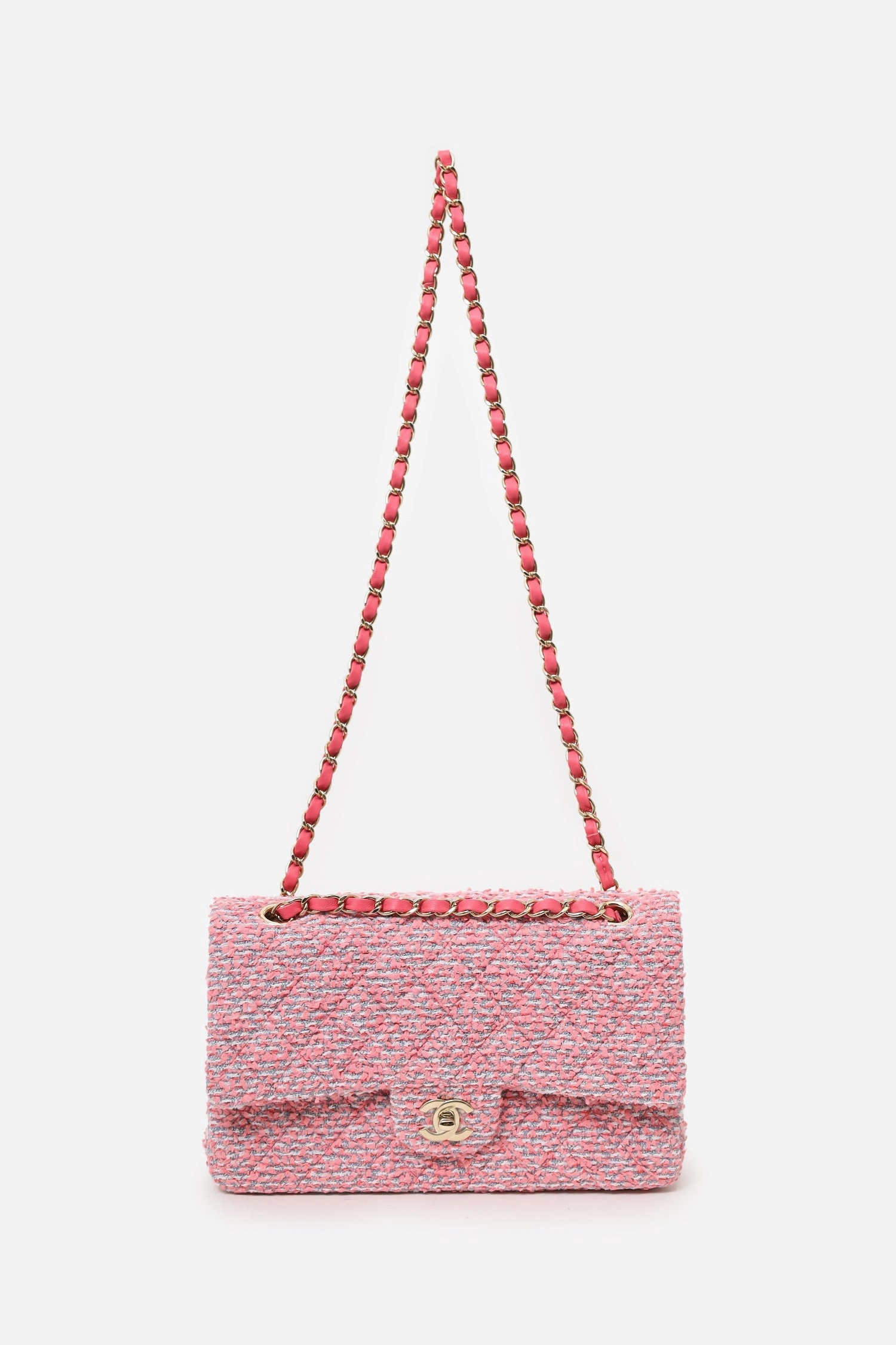 Pre-Loved Chanel 2021 Pink Tweed Medium Flap Shoulder Bag