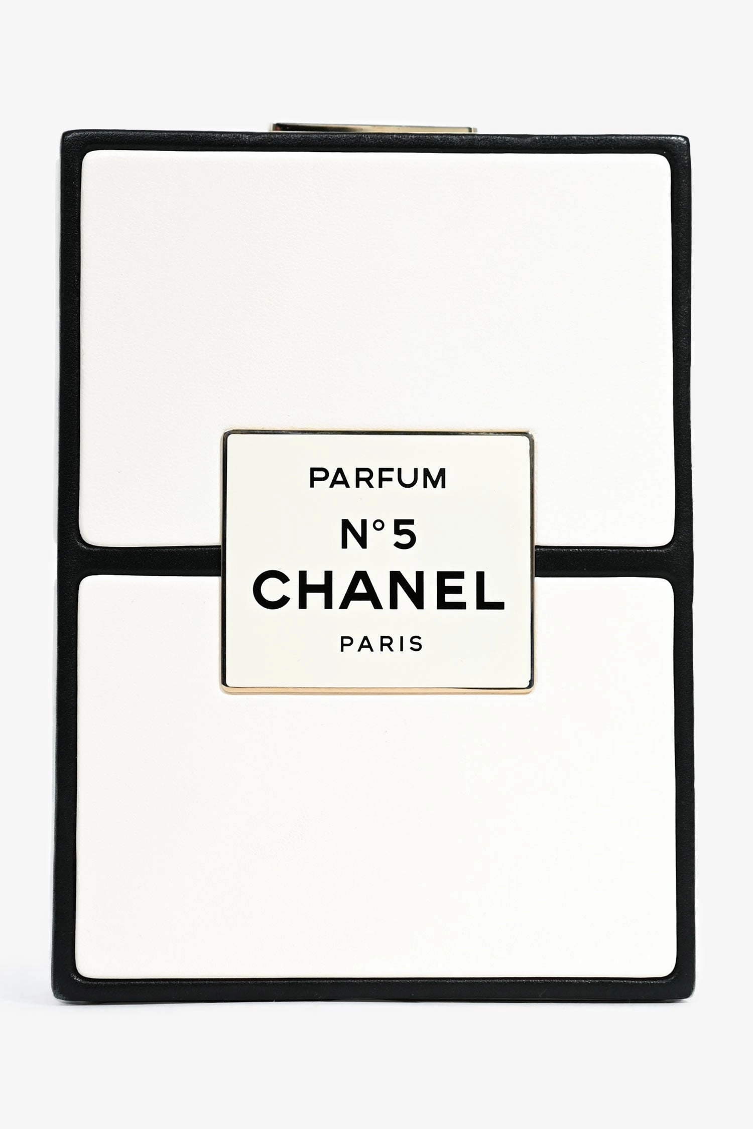 Pre-Loved Chanel Black/White Leather No. 5 Perfume Clutch Evening Clutch