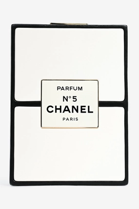 Pre-Loved Chanel Black/White Leather No. 5 Perfume Clutch Evening Clutch