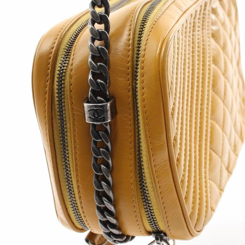 Pre-loved CHANEL Matelasse Bias Stitch Chain Shoulder Bag Lambskin Orange Yellow Antique Silver Hardware