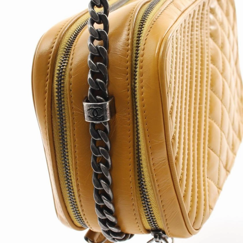 Pre-loved CHANEL Matelasse Bias Stitch Chain Shoulder Bag Lambskin Orange Yellow Antique Silver Hardware