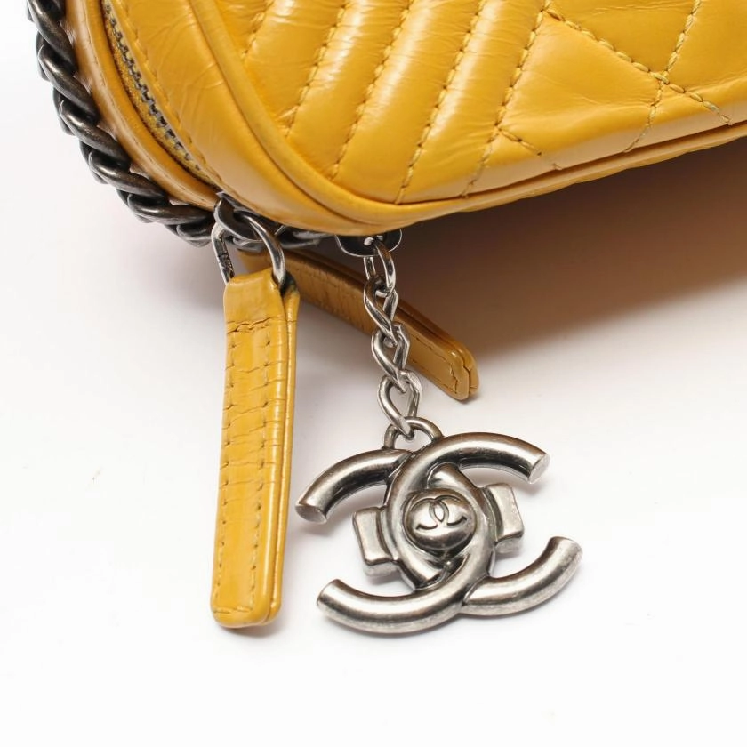 Pre-loved CHANEL Matelasse Bias Stitch Chain Shoulder Bag Lambskin Orange Yellow Antique Silver Hardware