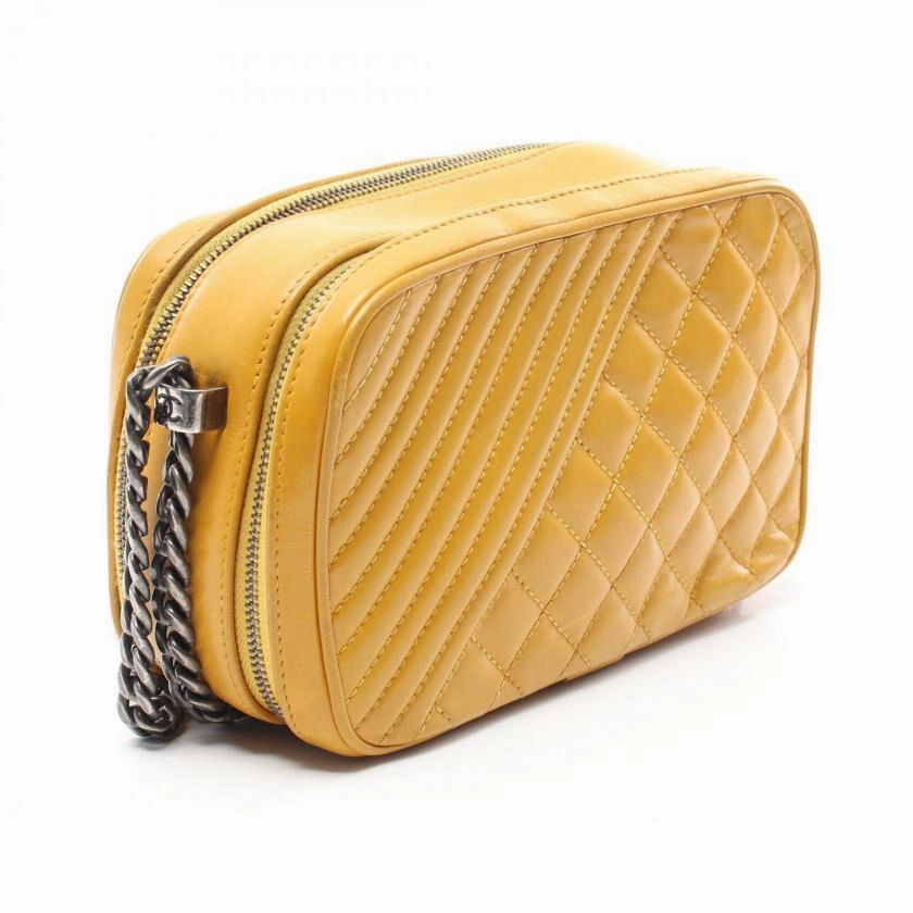 Pre-loved CHANEL Matelasse Bias Stitch Chain Shoulder Bag Lambskin Orange Yellow Antique Silver Hardware