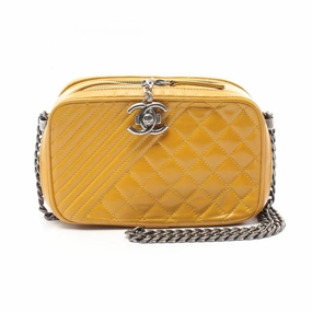 Pre-loved CHANEL Matelasse Bias Stitch Chain Shoulder Bag Lambskin Orange Yellow Antique Silver Hardware