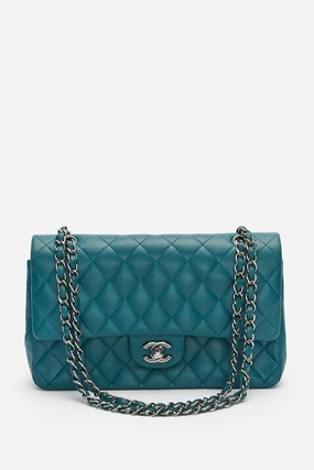 Pre-Loved Chanel Teal Lambskin Medium Classic Double Flap Bag
