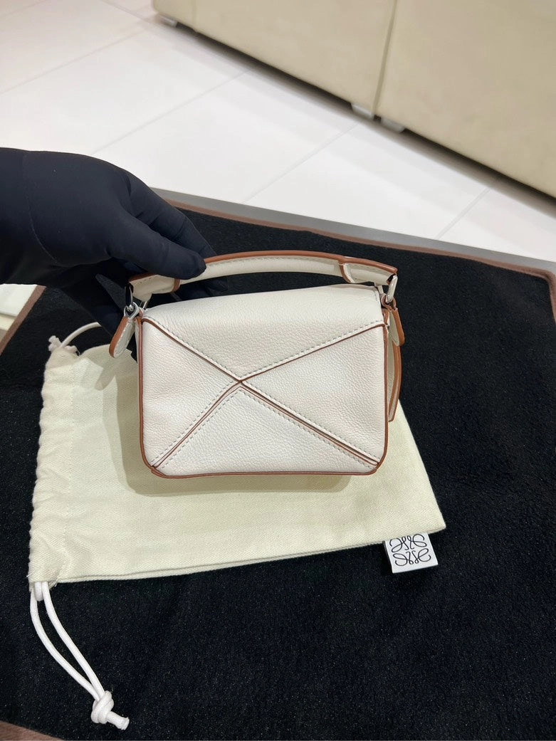 Preloved Loewe Puzzle Mini White Leather Crossbody Bag
