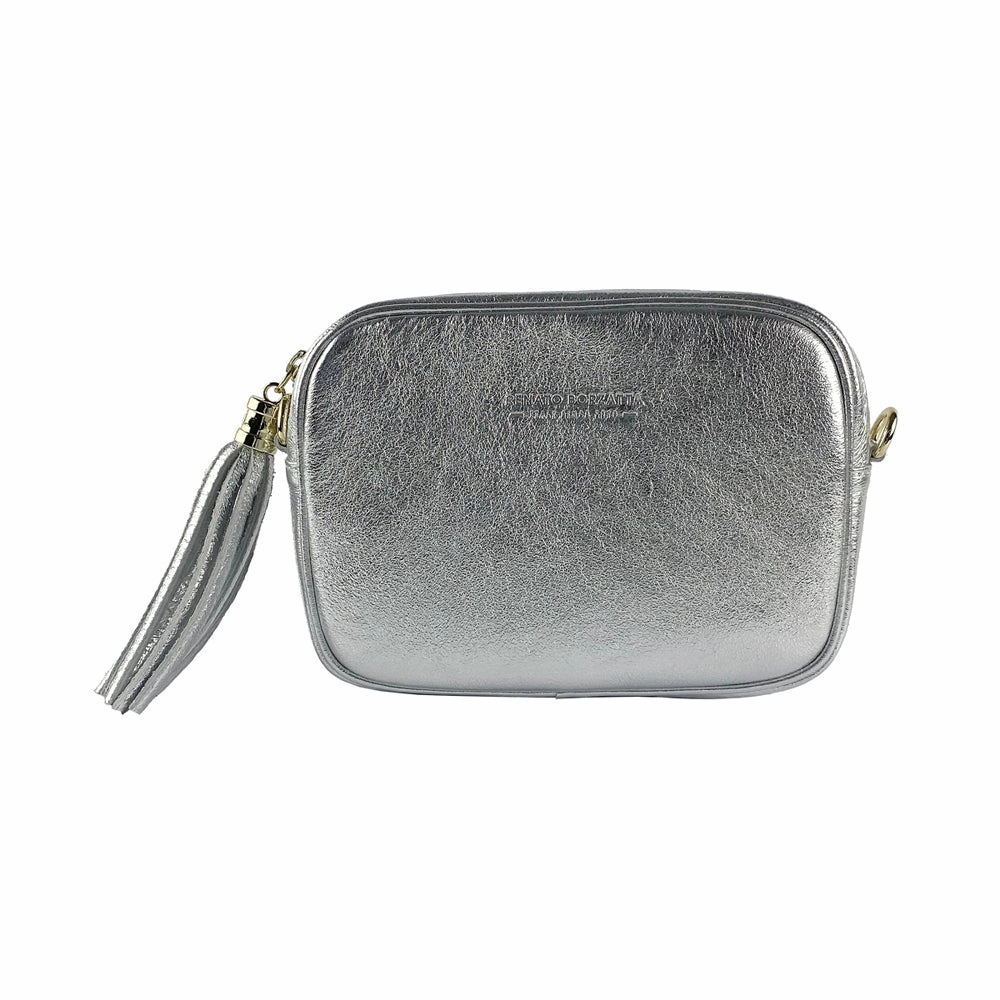 Renato Borzatta Leather Tassel Camera Shoulder Crossbody Bag Silver Grey