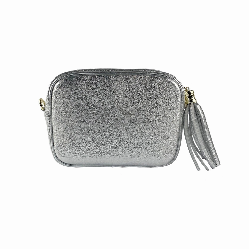 Renato Borzatta Leather Tassel Camera Shoulder Crossbody Bag Silver Grey