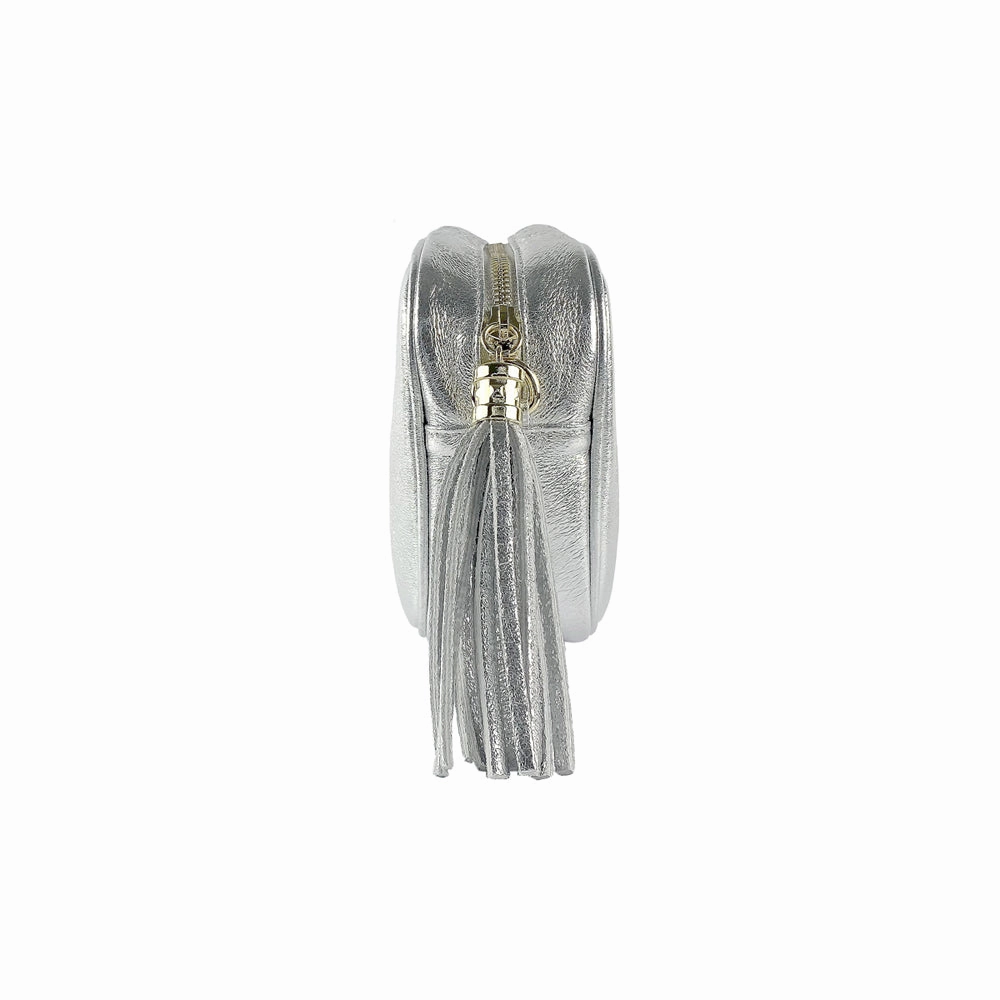 Renato Borzatta Leather Tassel Camera Shoulder Crossbody Bag Silver Grey
