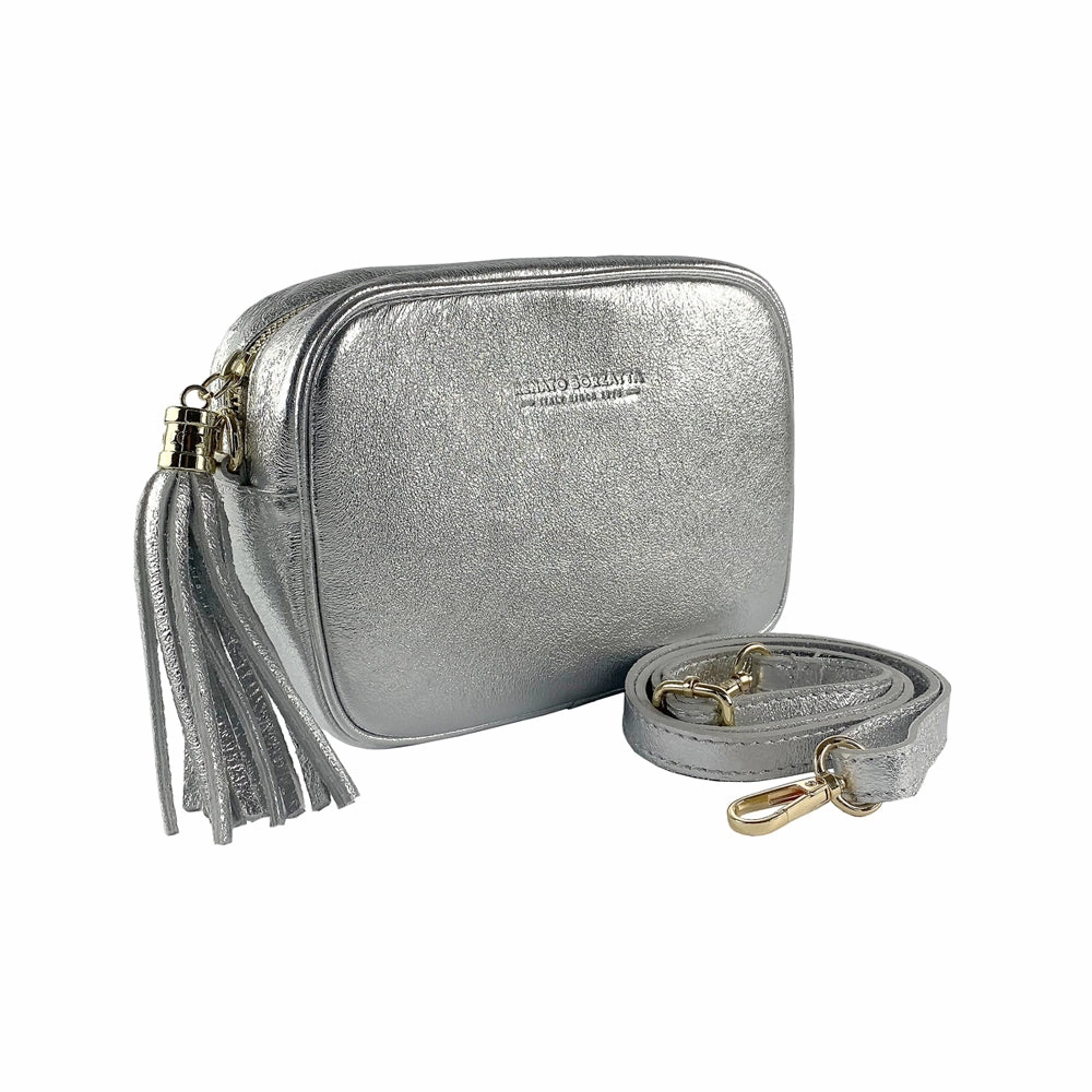 Renato Borzatta Leather Tassel Camera Shoulder Crossbody Bag Silver Grey