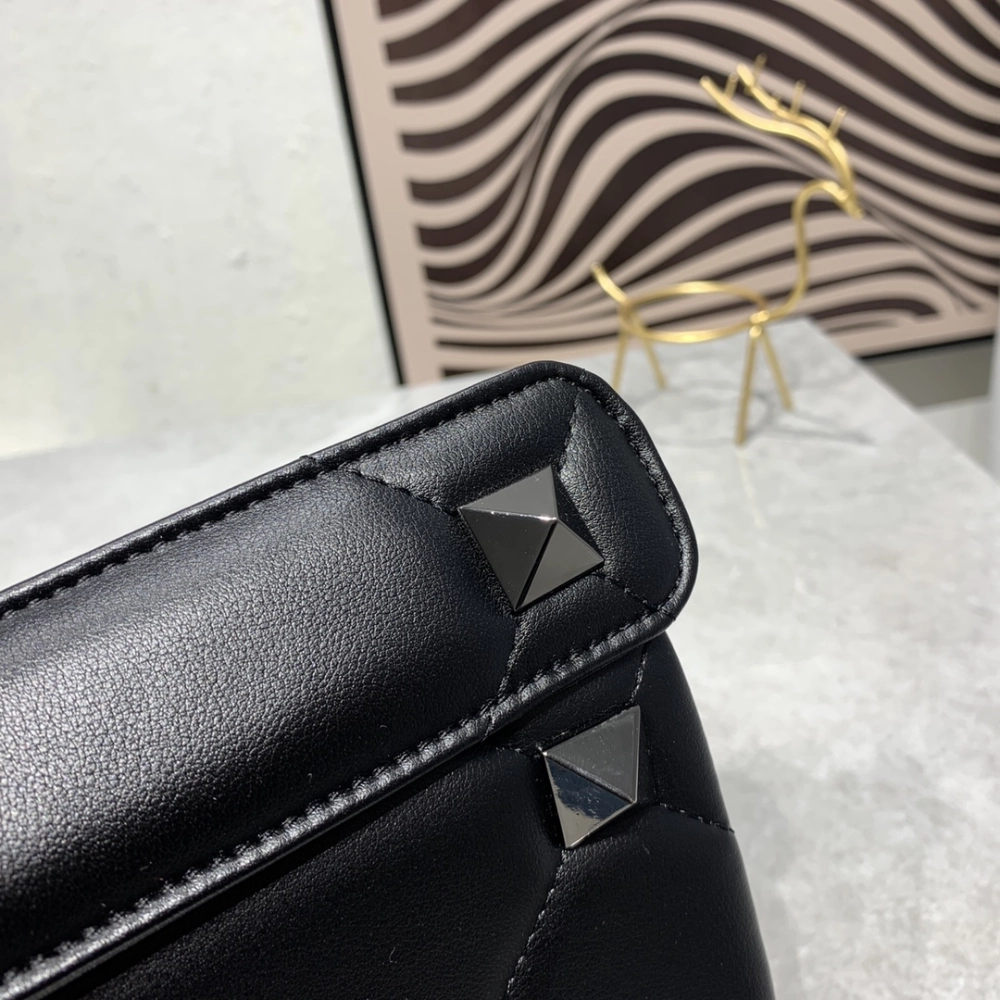 Roman Stud Quilted Foldover Top Black Leather Crossbody Bag for Women