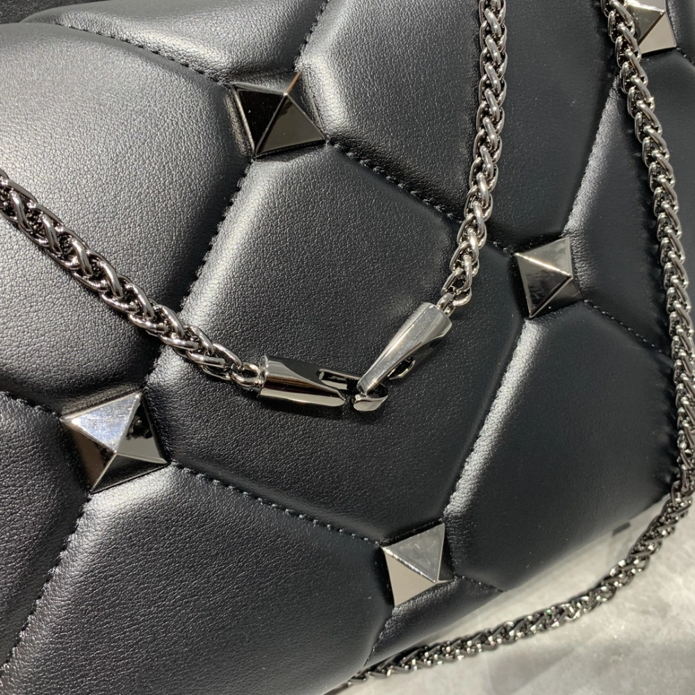 Roman Stud Quilted Foldover Top Black Leather Crossbody Bag for Women