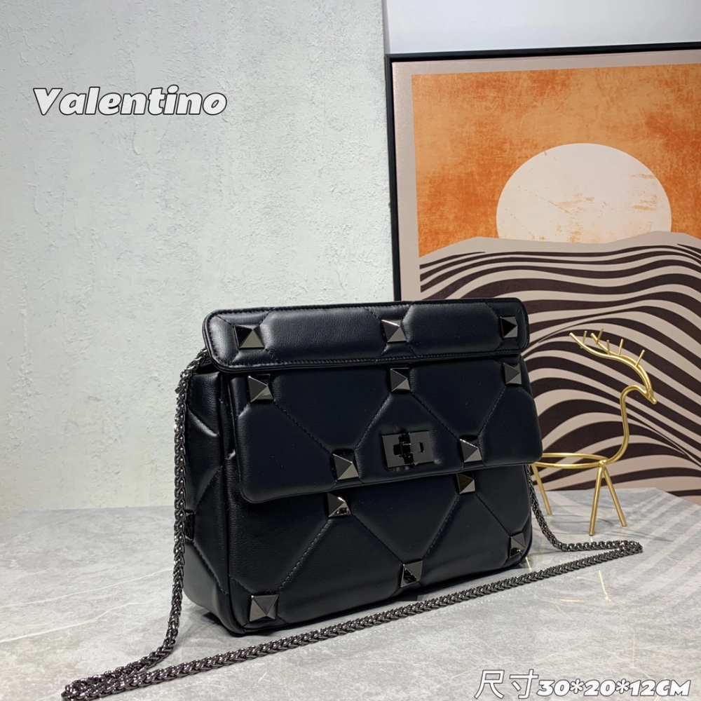 Roman Stud Quilted Foldover Top Black Leather Crossbody Bag for Women