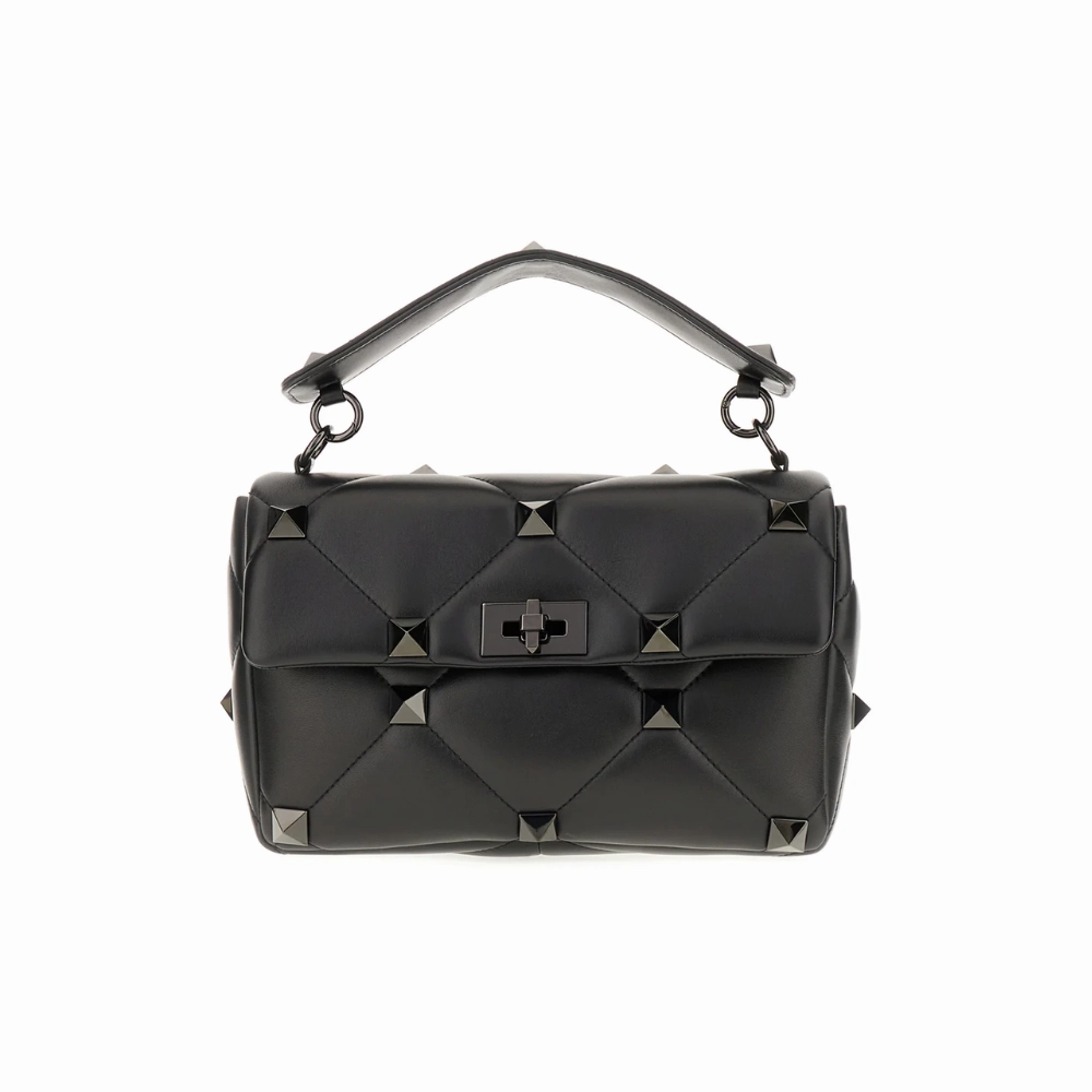 Roman Stud Quilted Foldover Top Black Leather Crossbody Bag for Women
