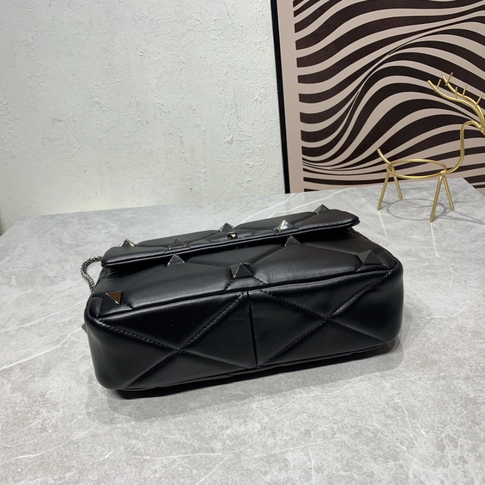 Roman Stud Quilted Foldover Top Black Leather Crossbody Bag for Women