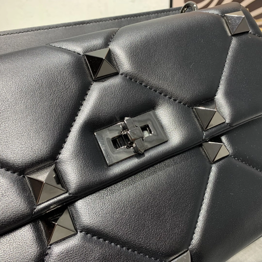 Roman Stud Quilted Foldover Top Black Leather Crossbody Bag for Women