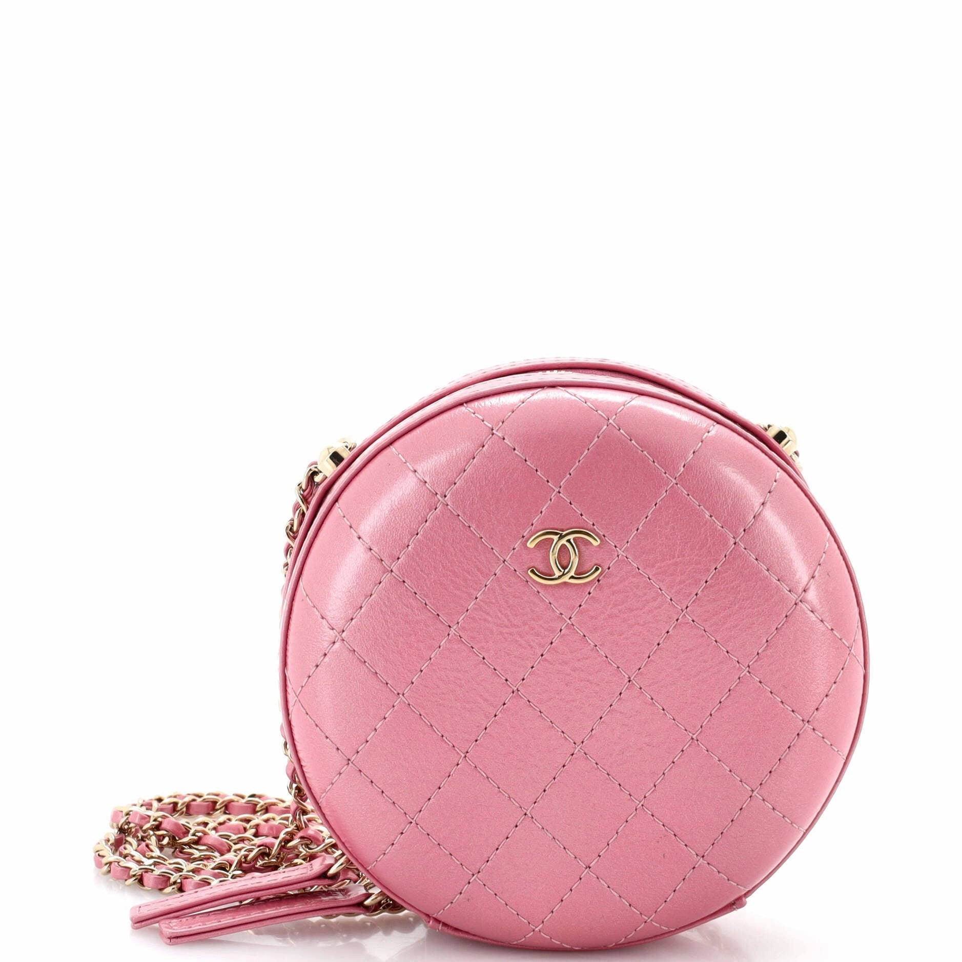 Round Chain Crossbody Bag Stitched Calfskin Small