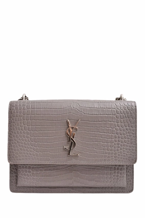 Saint Laurent 2016 Grey Croc Embossed Medium Sunset Chain Bag