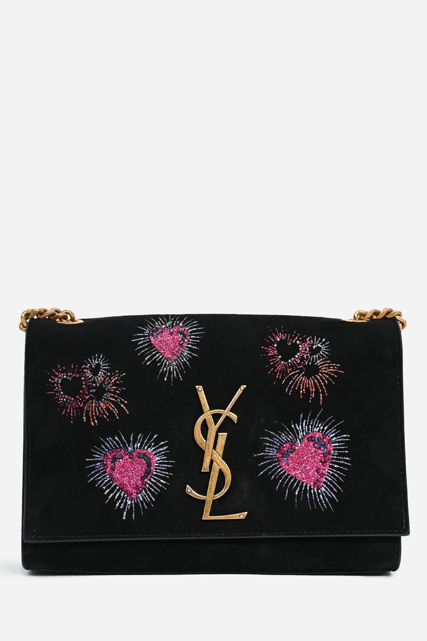 Saint Laurent 2018 Black Suede Glitter Heart Fireworks Print Kate Bag