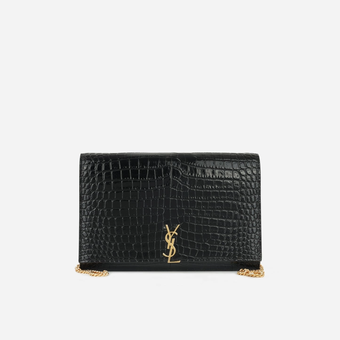 Saint Laurent - Cassandre Clutch on Chain - Black Croc Embossed Leather GHW - Pre-Loved