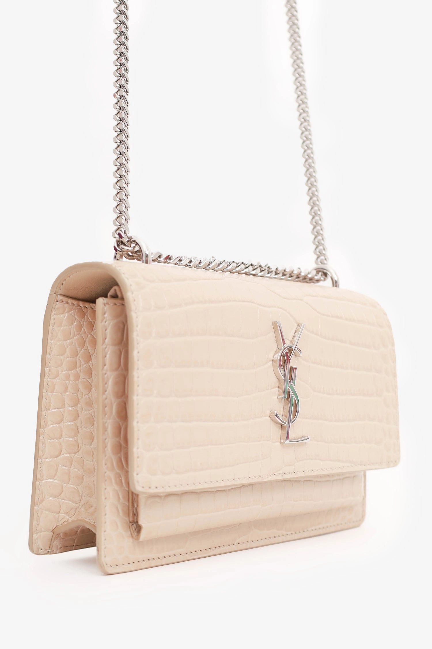 Saint Laurent Beige Croc Embossed Leather 'Sunset' Mini Crossbody Bag