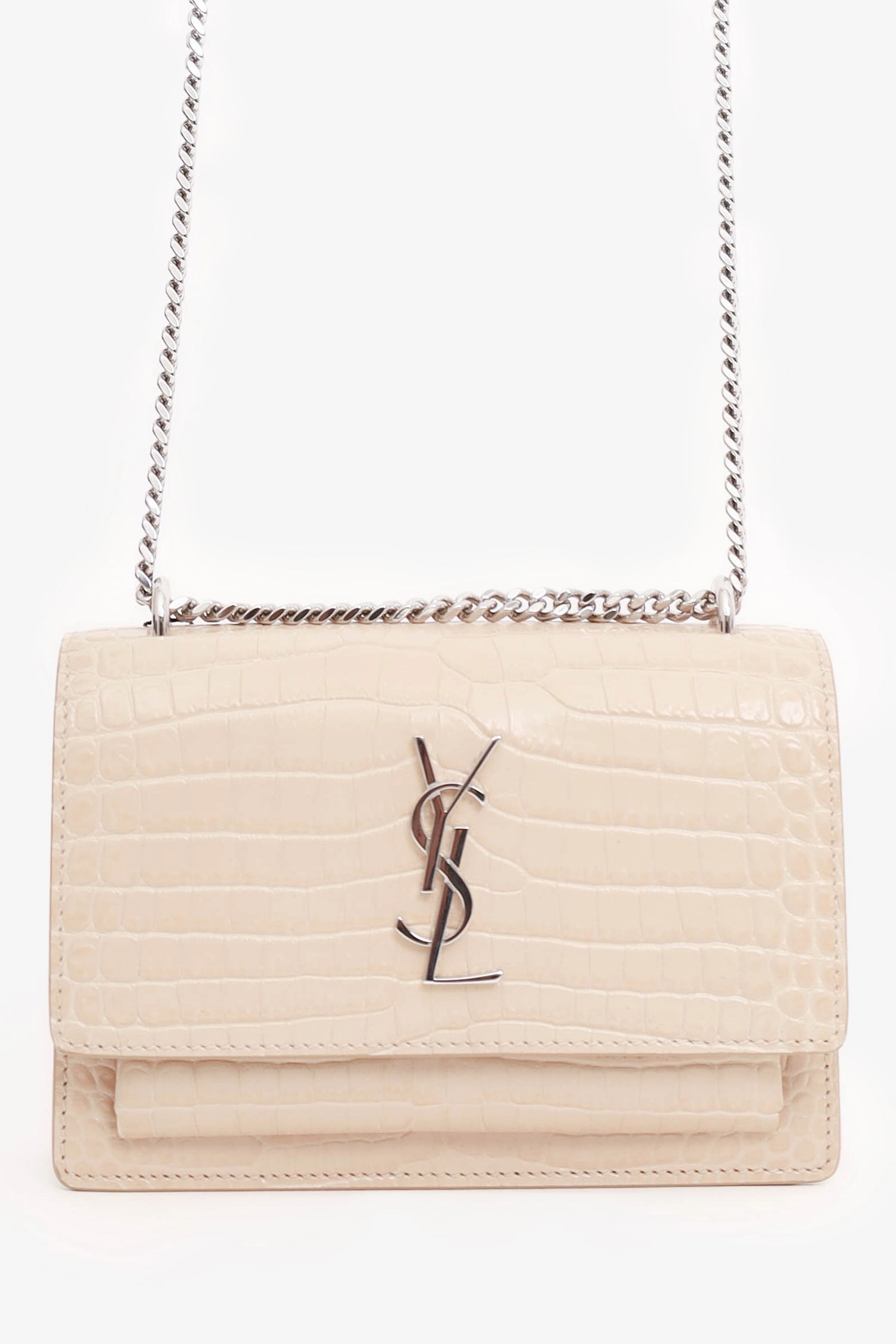 Saint Laurent Beige Croc Embossed Leather 'Sunset' Mini Crossbody Bag