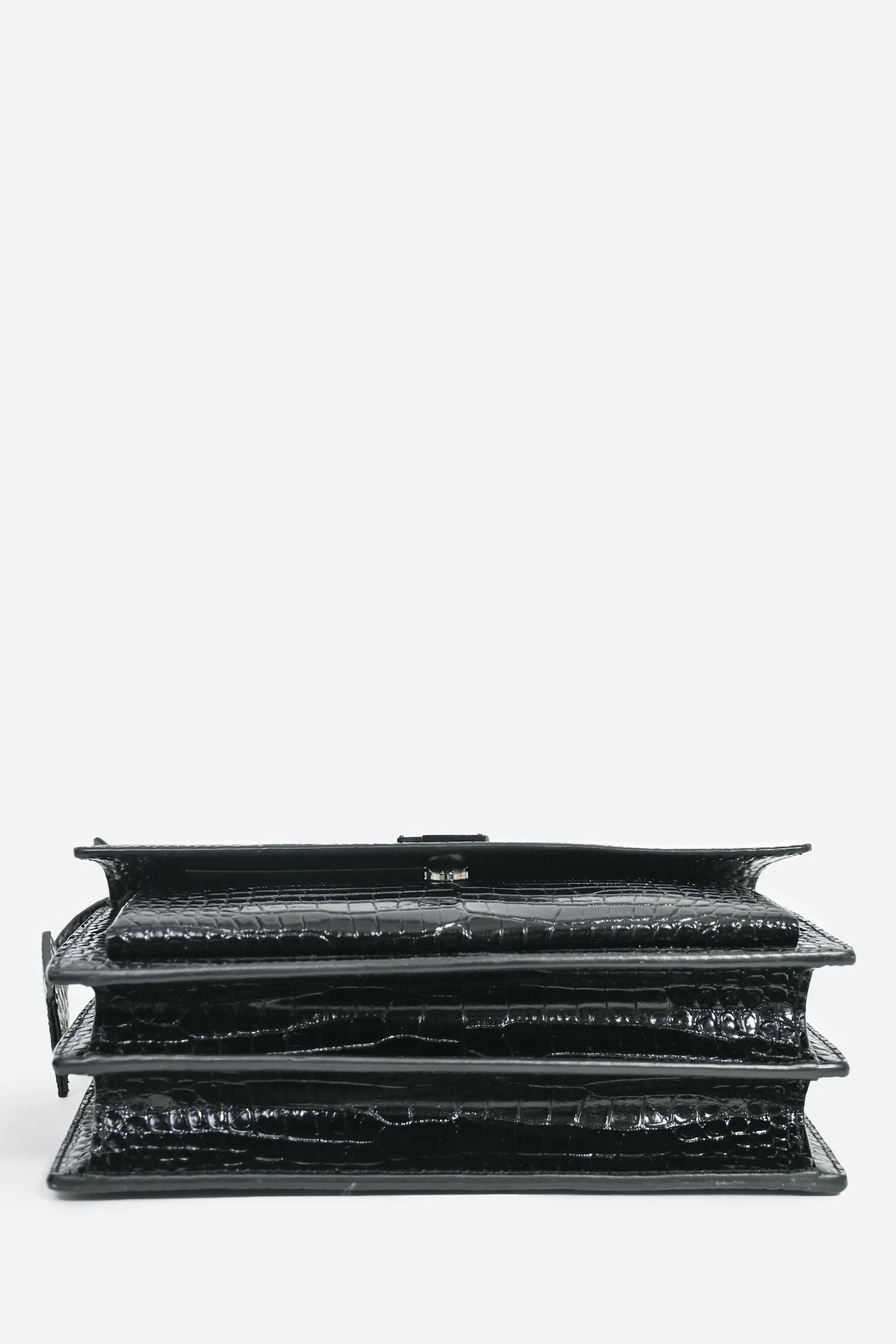 Saint Laurent Black Croc Embossed Sunset Medium Chain Shoulder Bag