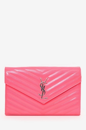 Saint Laurent Hot Pink Leather Chevron Quilted Envelope Wallet on Chain