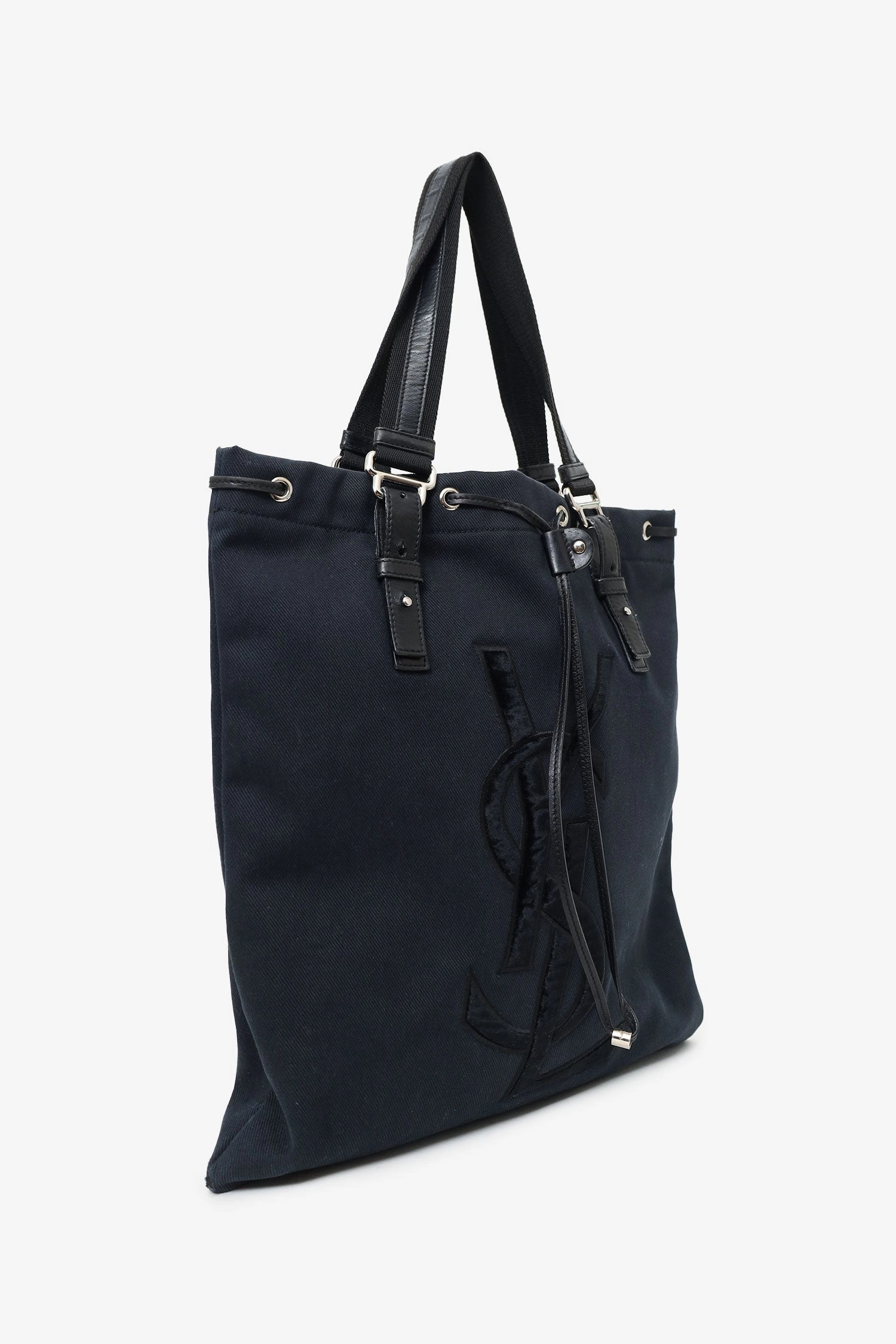 Saint Laurent Paris Black Canvas/Velvet Drawstring Kahala Tote