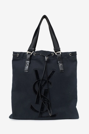 Saint Laurent Paris Black Canvas/Velvet Drawstring Kahala Tote