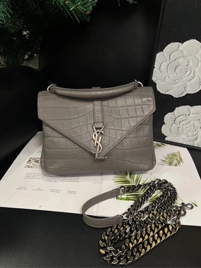 Saint Laurent Postman Crossbody Bag Crocodile Embossed Elephant Gray