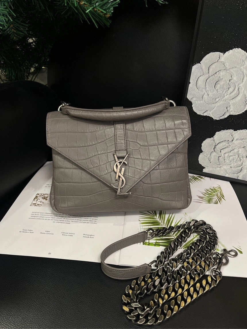 Saint Laurent Postman Crossbody Bag Crocodile Embossed Elephant Gray