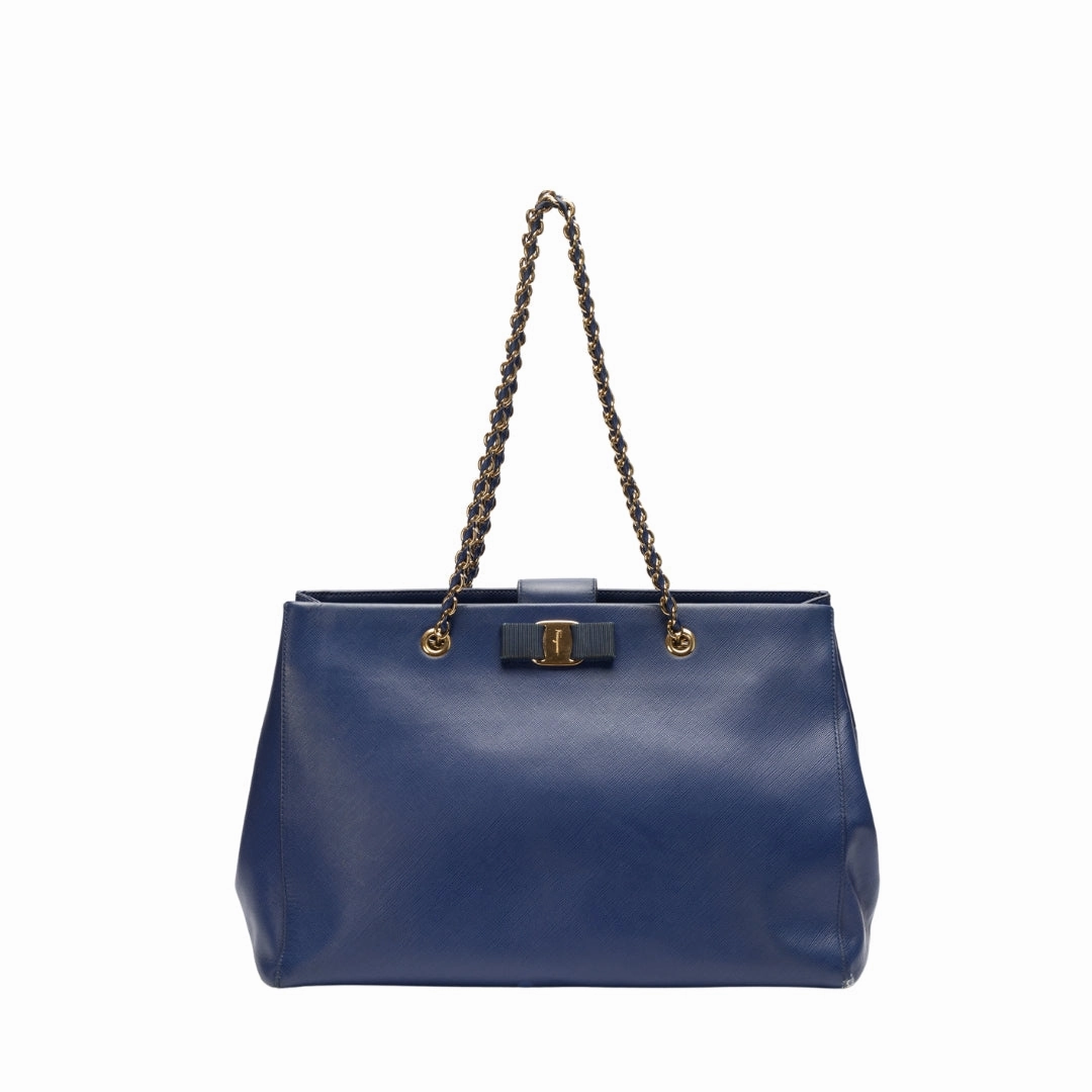 Salvatore Ferragamo Chain-Link Blue Saffiano Leather Tote Bag