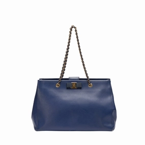 Salvatore Ferragamo Chain-Link Blue Saffiano Leather Tote Bag