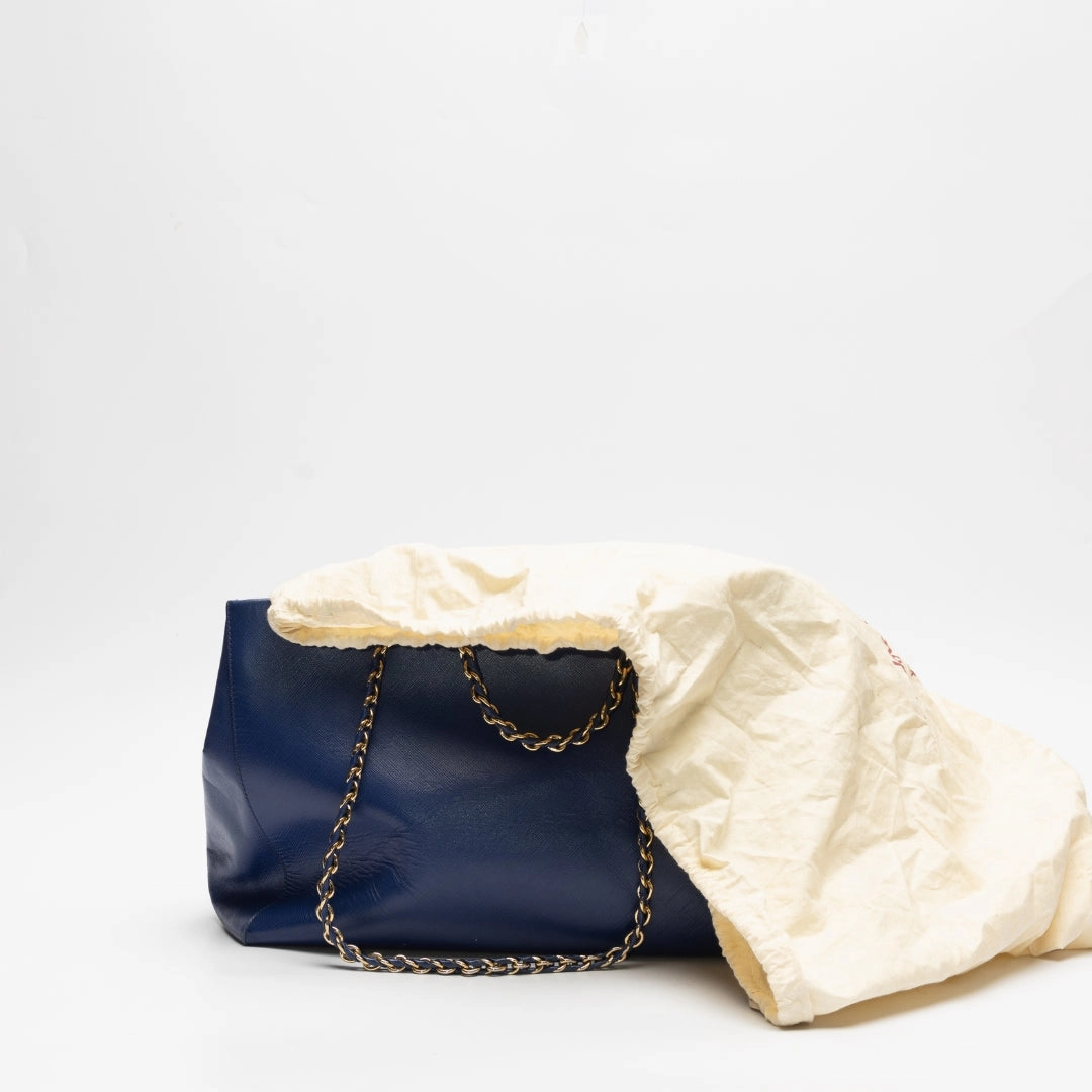 Salvatore Ferragamo Chain-Link Blue Saffiano Leather Tote Bag
