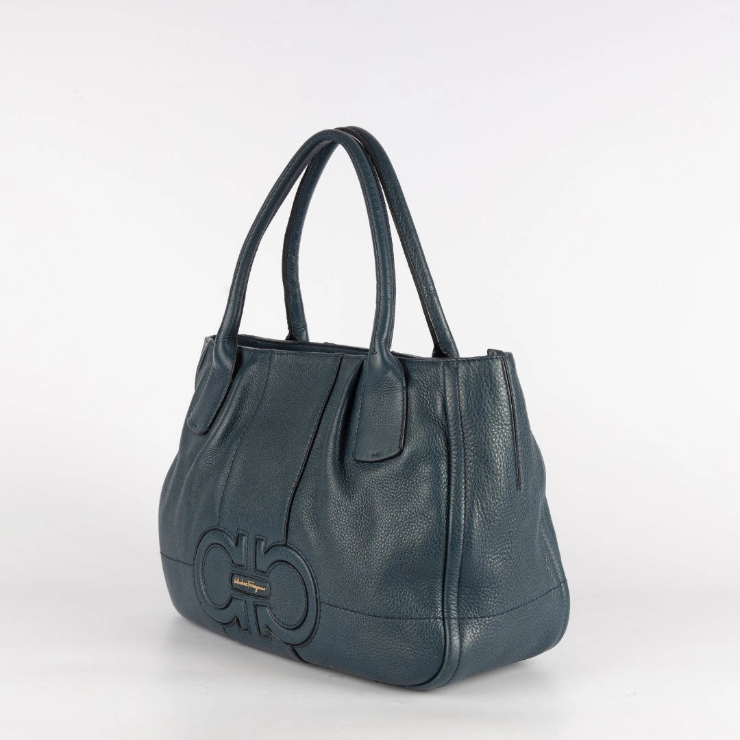 Salvatore Ferragamo Teal Blue Leather Gancini Tote Bag