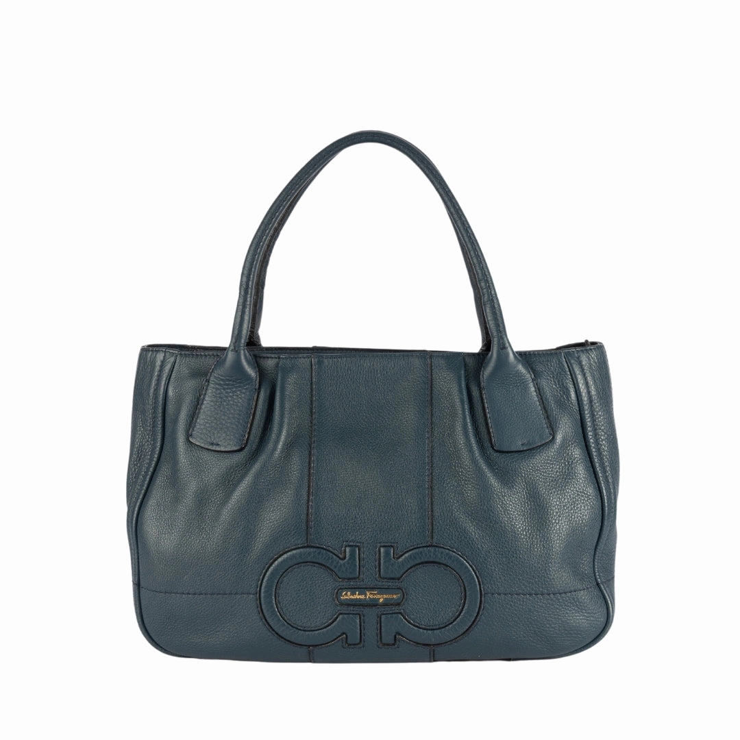 Salvatore Ferragamo Teal Blue Leather Gancini Tote Bag