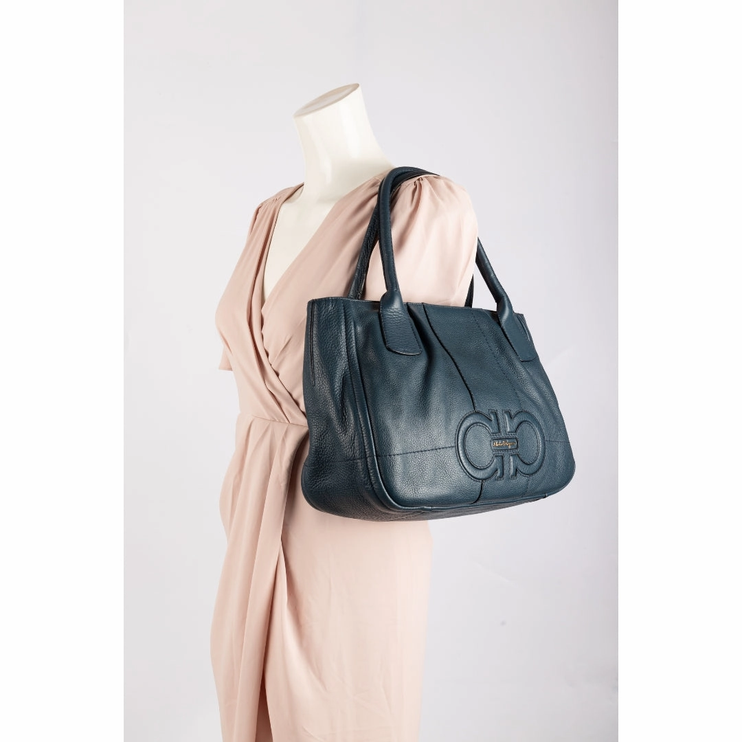 Salvatore Ferragamo Teal Blue Leather Gancini Tote Bag