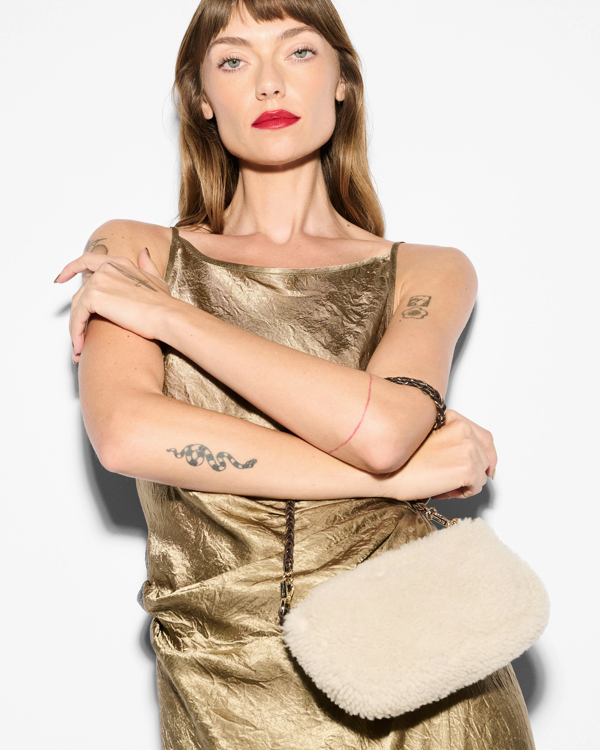 Shearling and Gold Metallic Leather Crosby Convertible Crossbody