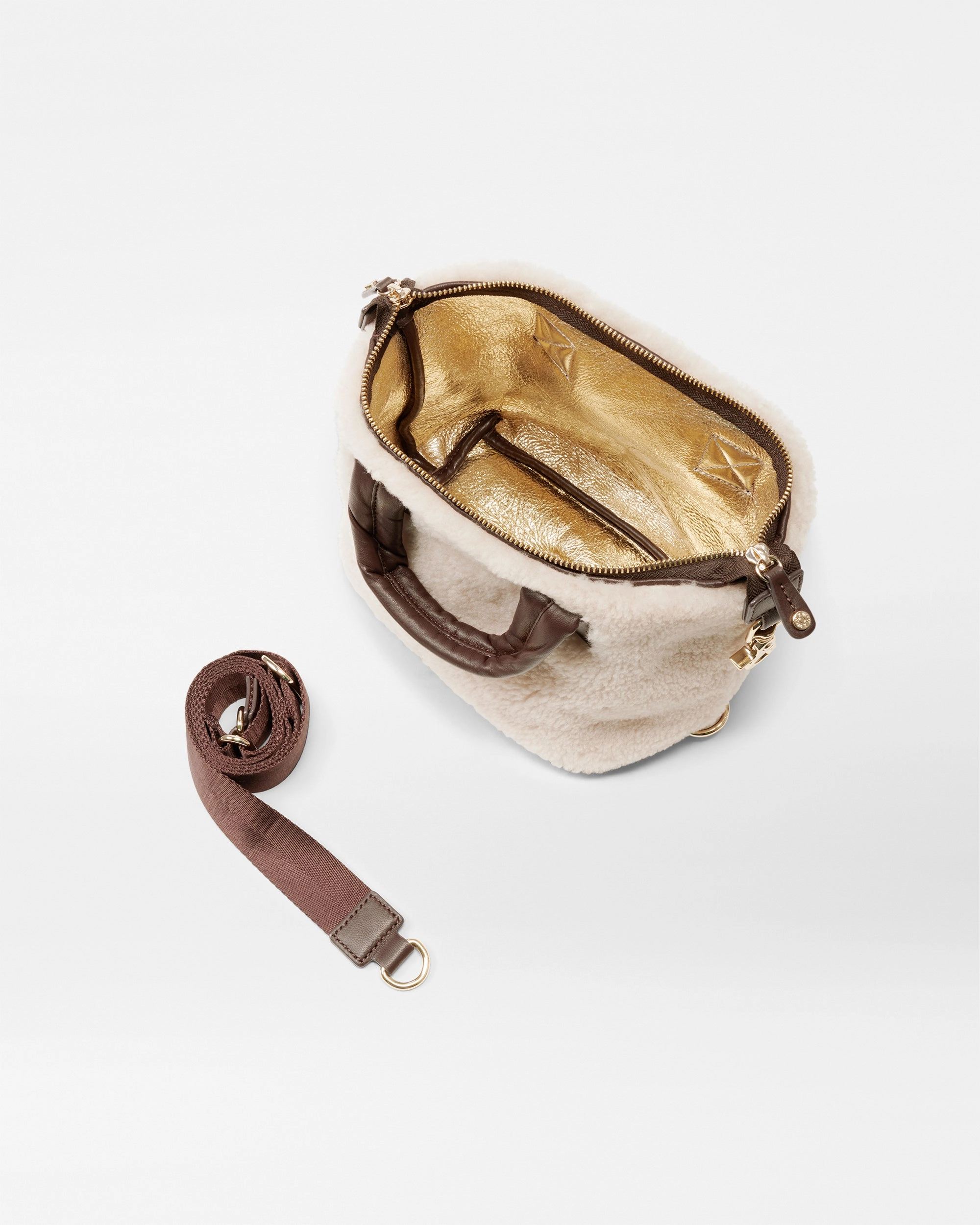 Shearling and Gold Metallic Leather Micro Sutton
