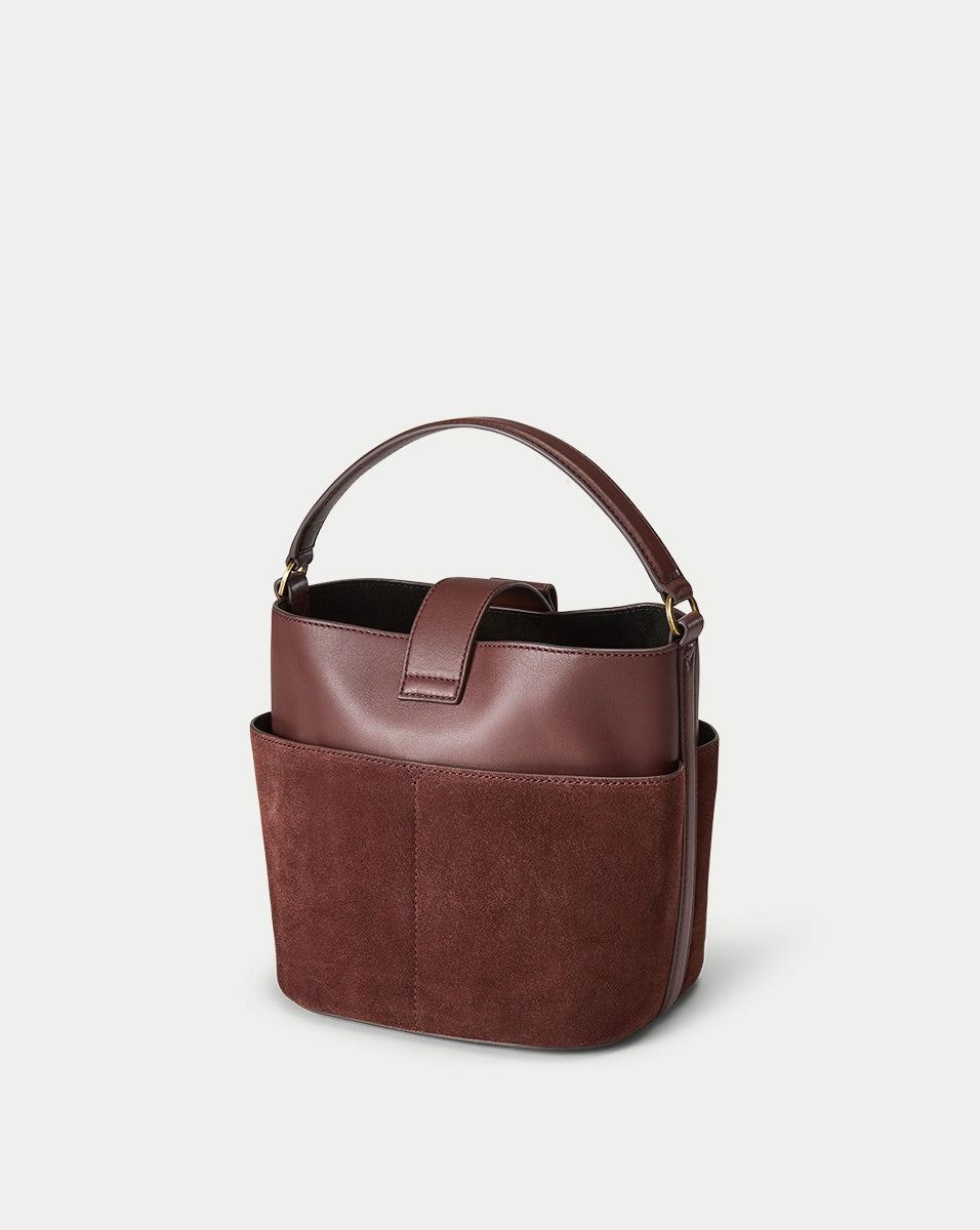 Small Crest Lock Suede Bucket Bag