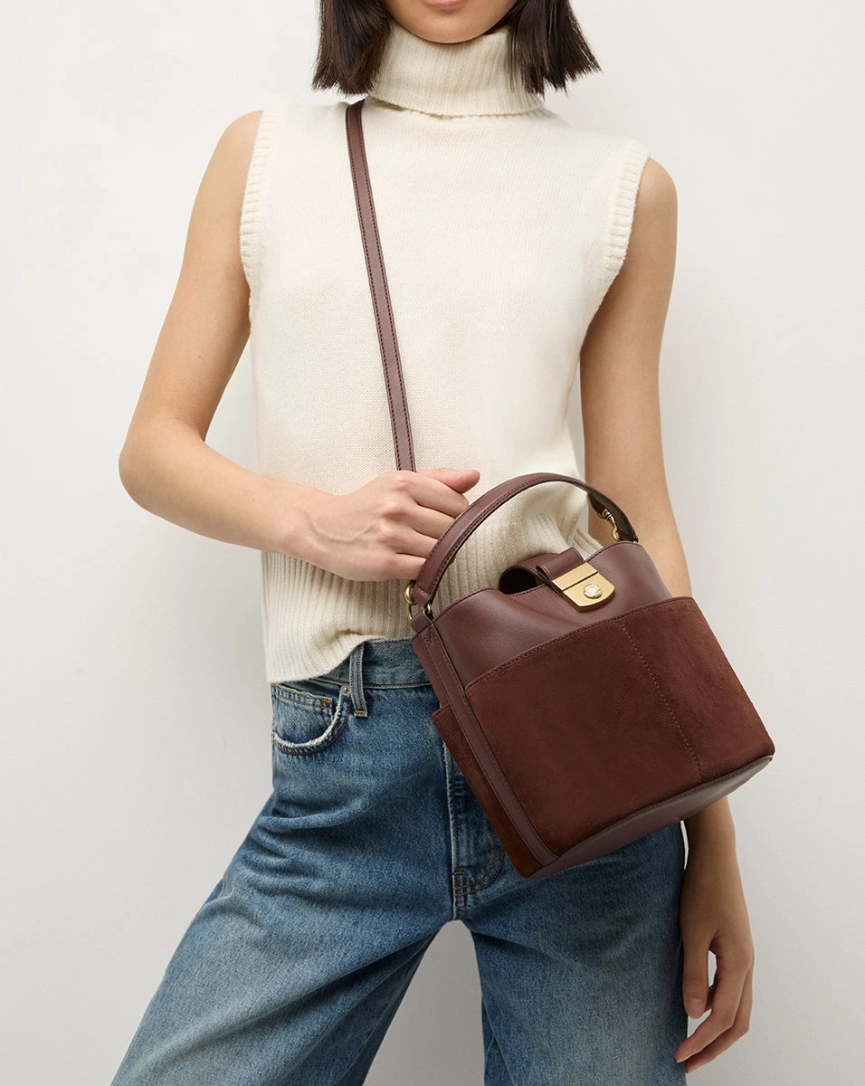 Small Crest Lock Suede Bucket Bag