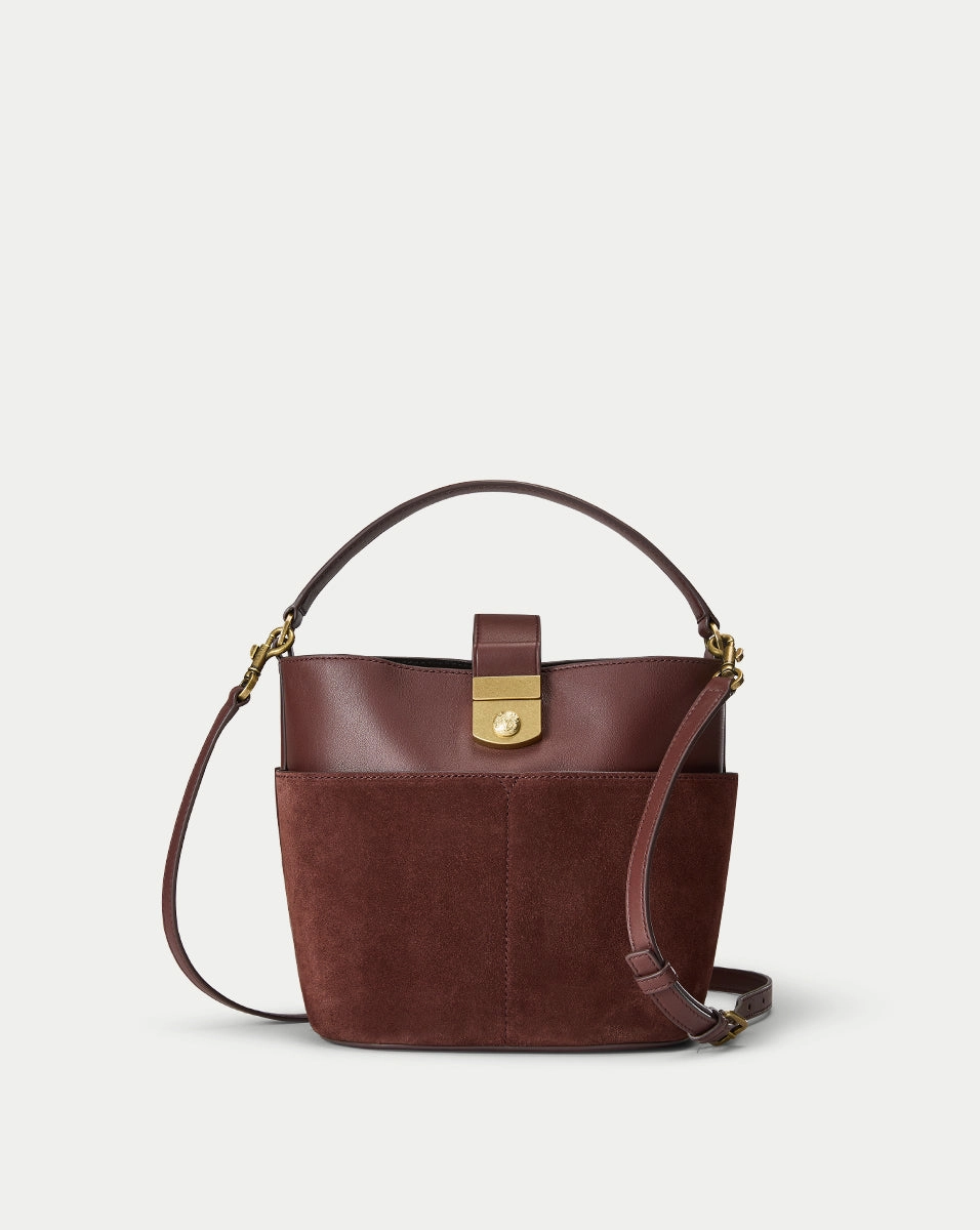 Small Crest Lock Suede Bucket Bag