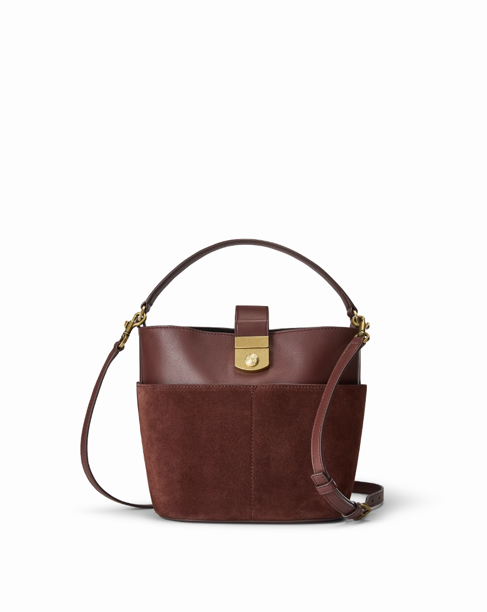 Small Crest Lock Suede Bucket Bag