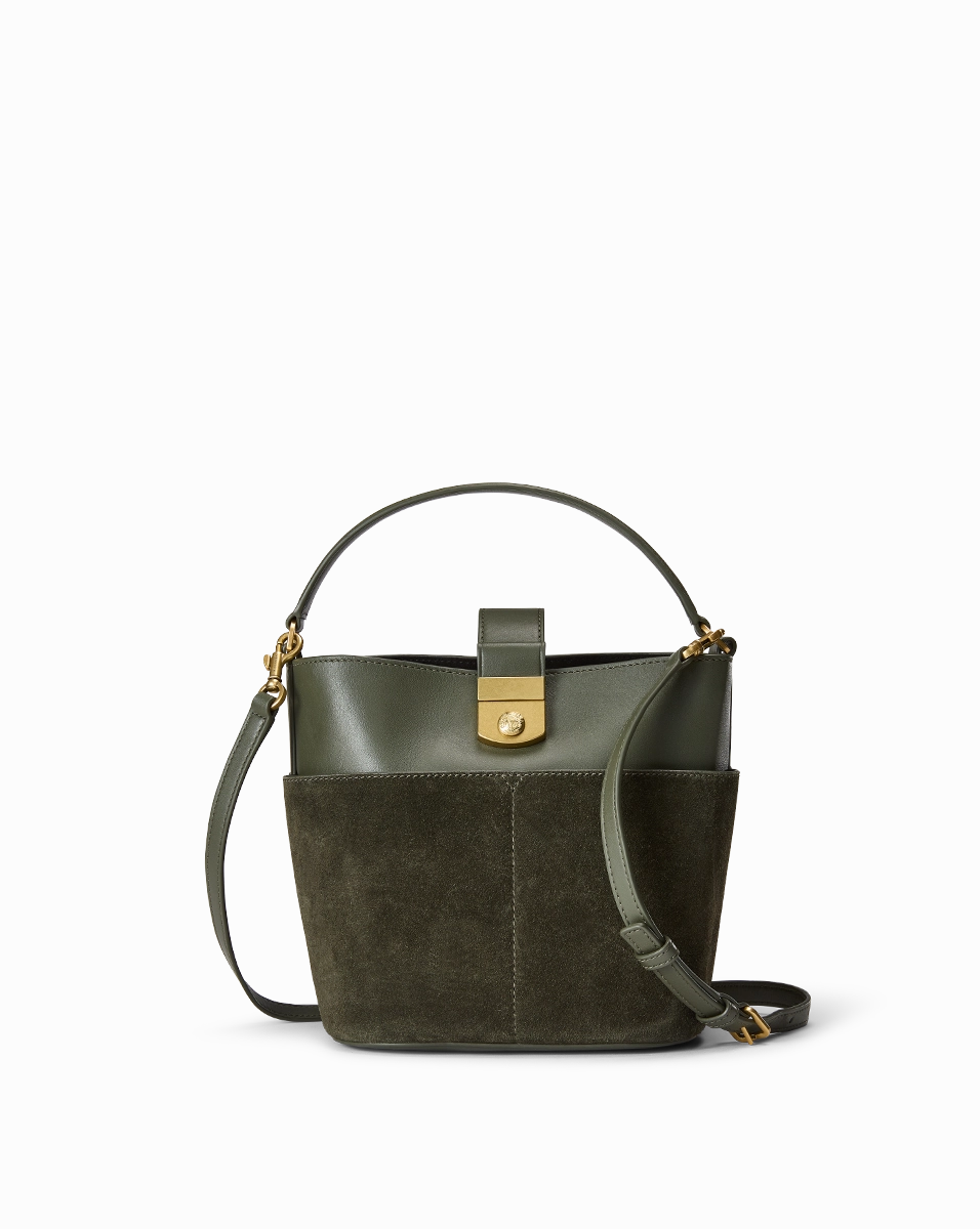 Small Crest Lock Suede Bucket Bag