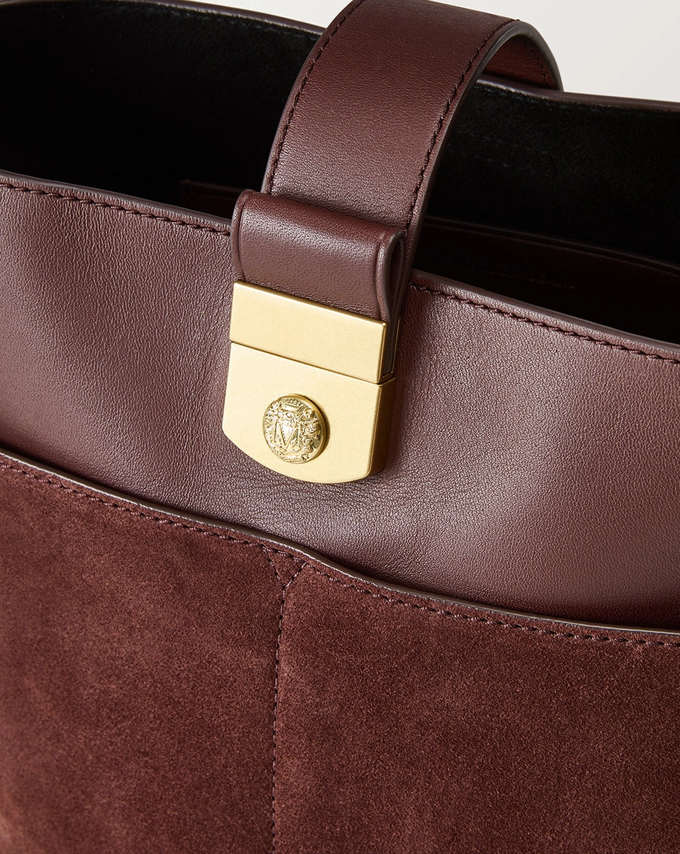 Small Crest Lock Suede Bucket Bag
