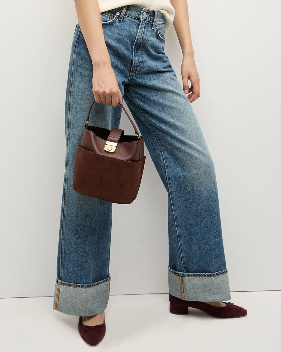 Small Crest Lock Suede Bucket Bag
